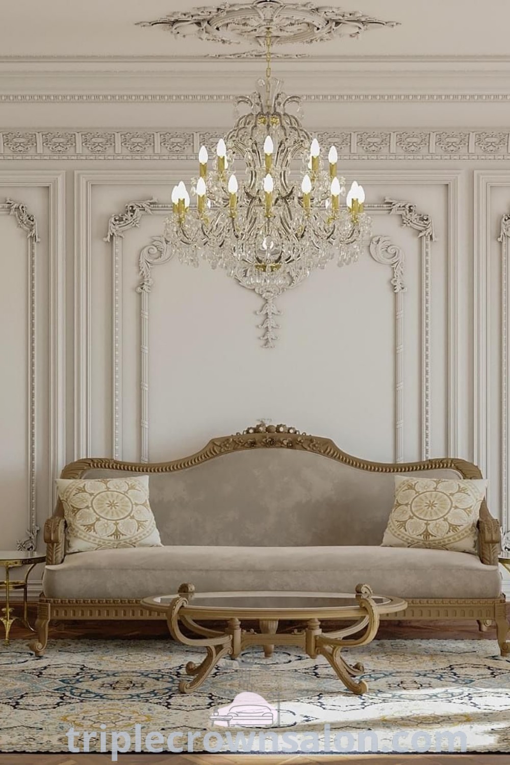 An elegant living room featuring a stunning chandelier, a modern New Classic sofa, and two stylish chairs in the center, creating a cozy and inspiring atmosphere. This classic reception area showcases decor ideas blending baroque interior design with inviting elements. Explore more designs and inspirations for your home at wellnesswink.com.