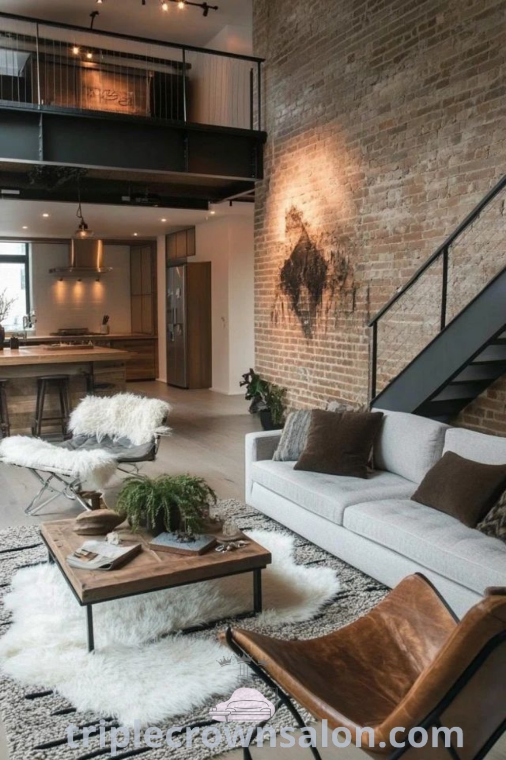 An industrial living room filled with elegant furniture next to a brick wall and abundant windows, embodying modern industrial living space decor ideas. This inviting scene provides unique design tips and inspirations for creating a cozy home atmosphere. Discover more inspiring decor ideas at triplecrownsalon.com.