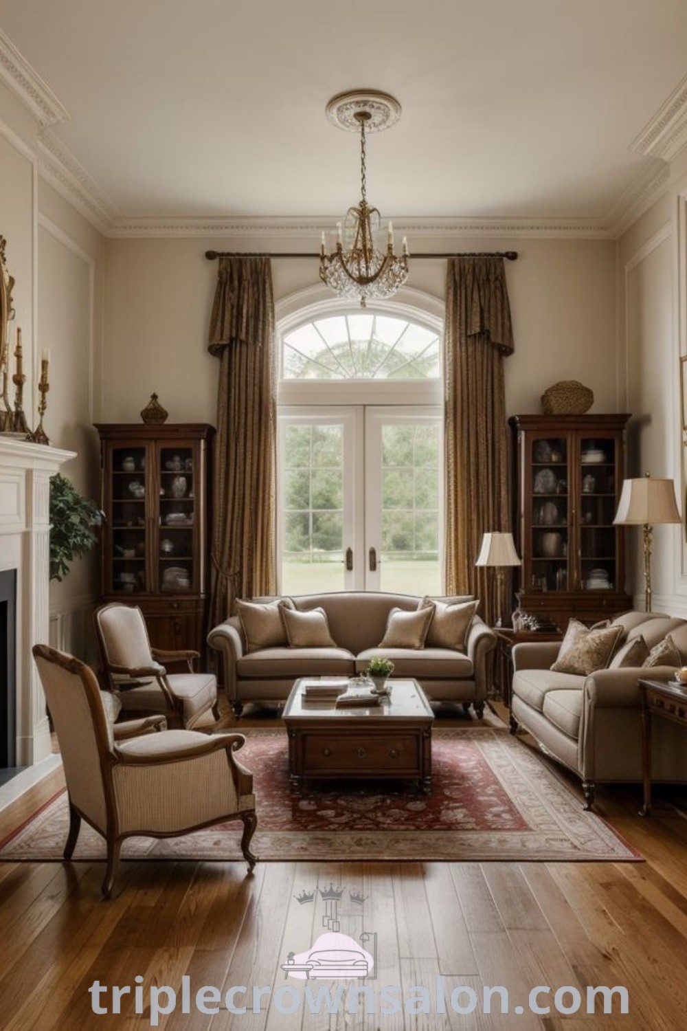 A cozy living room filled with elegant furniture, a fireplace, and a large window that brings warmth and light, showcasing classical living room decor inspirations. This space blends traditional and modern styles, providing unique ideas for your home. Explore more decor ideas at wellnesswink.com.
