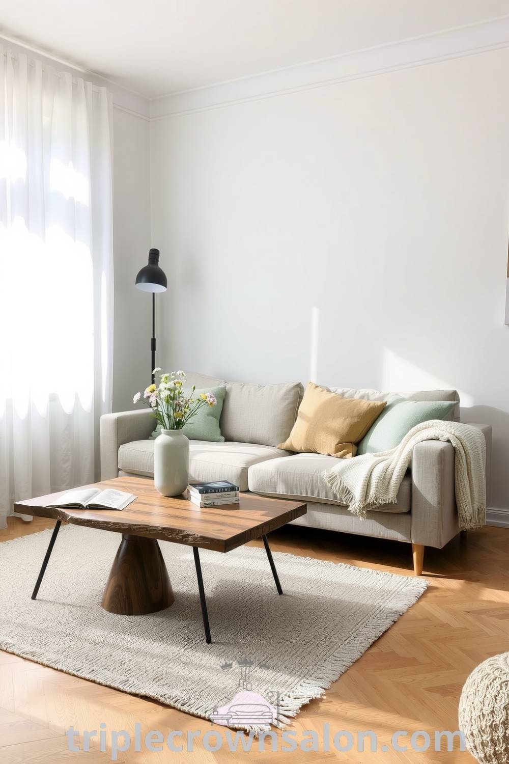 Scandinavian living room featuring sheer white curtains, a neutral-toned sofa, rustic wooden coffee table with books and wildflowers, light oak floor, textured wool rug, and cozy throws, illustrating decor ideas for a cozy home. Visit triplecrownsalon.com for more inspiring design tips.