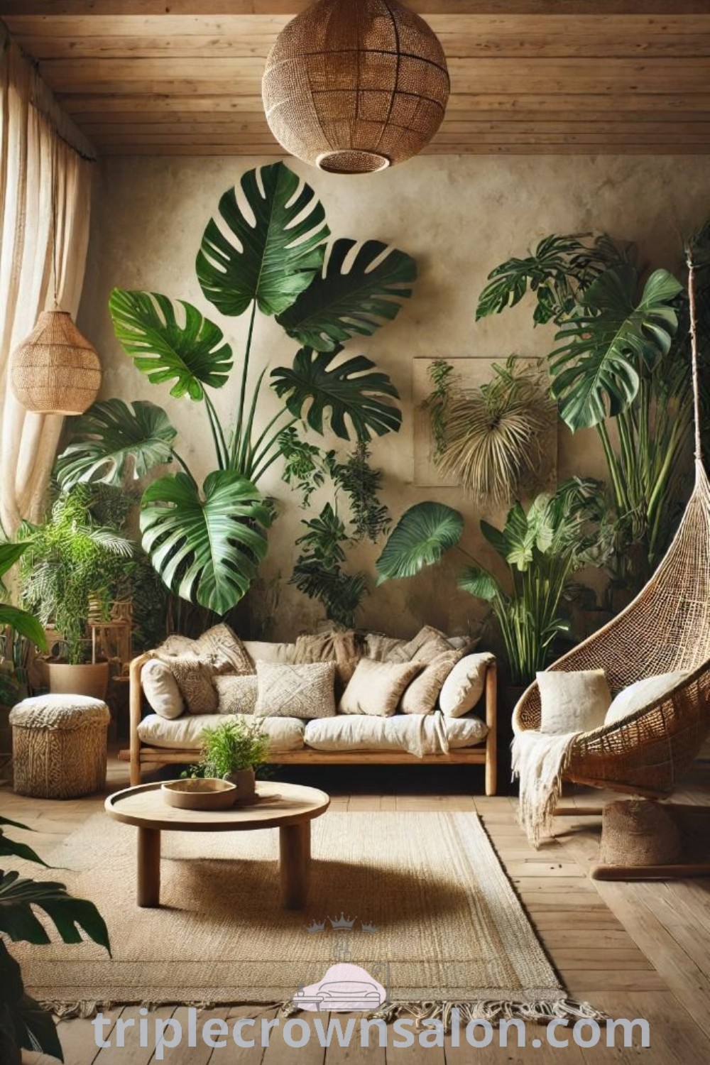 A stylish jungle-inspired living room featuring bamboo living room ideas, jungle corner house plants, and rattan interior design elements to create a cozy home atmosphere. Explore unique decor ideas and inspirations for your home at triplecrownsalon.com.