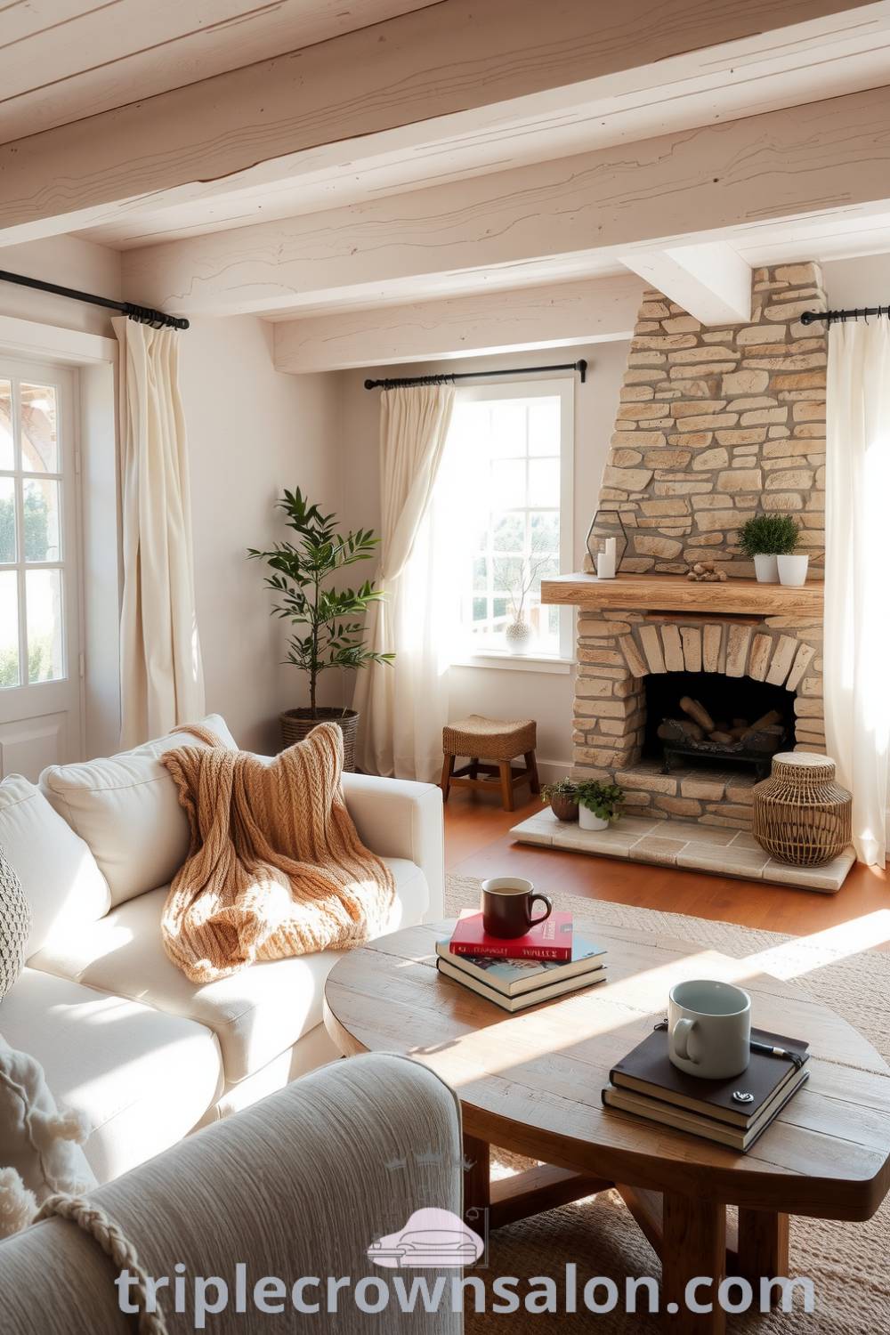 Cozy living room featuring weathered wooden beams, a stone fireplace as a focal point, a plush sofa with earthy throws, and potted plants, creating a warm atmosphere ideal for relaxation and inspiration, suitable for cozy home design ideas from fireplacesandwoodstoves.com.