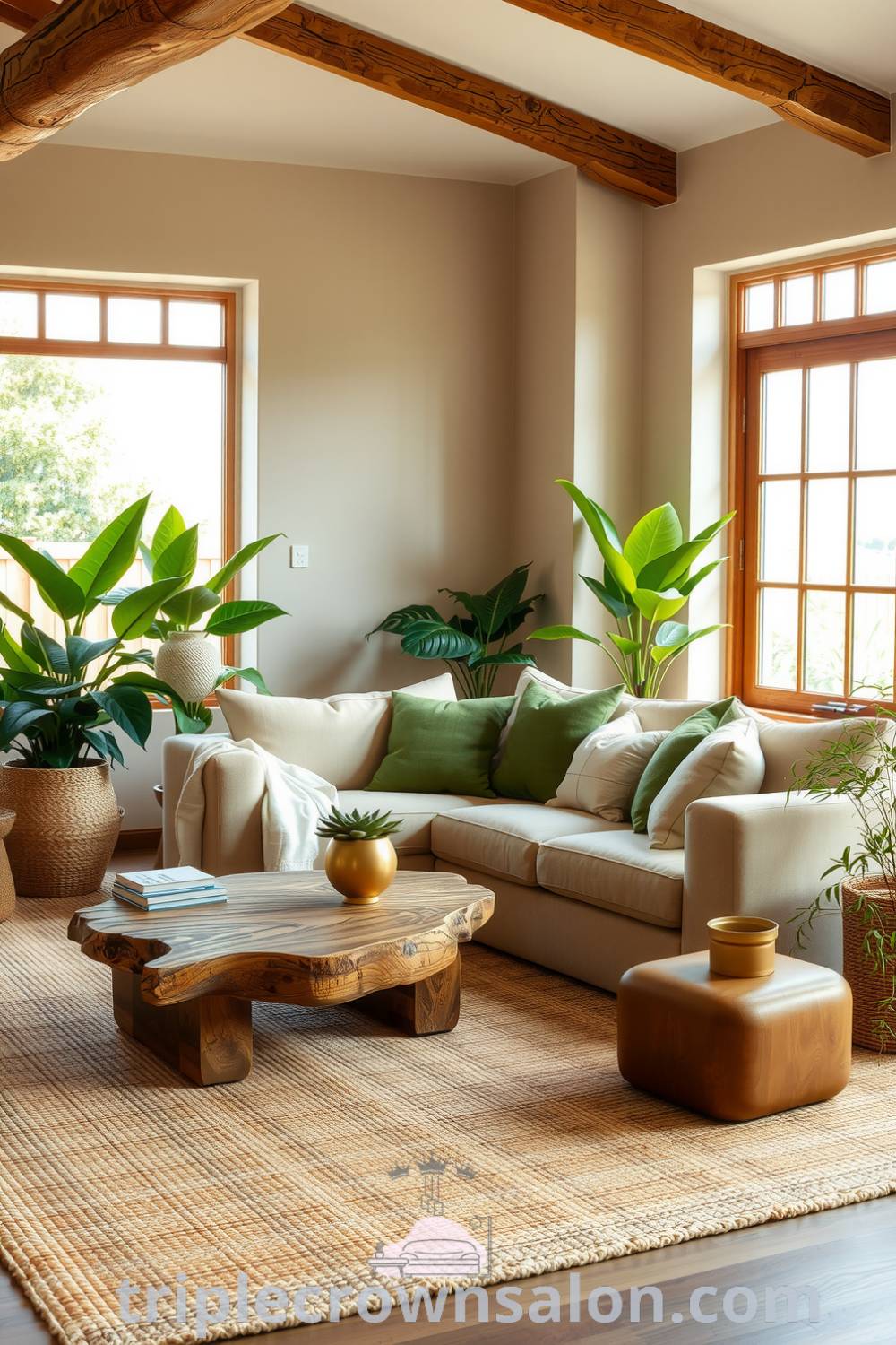 Cozy nature-inspired living room featuring soft beige walls, textured jute rug, neutral-toned sofa with leafy green cushions, rustic wooden coffee table, and vibrant houseplants, providing inviting decor ideas for a cozy aesthetic at triplecrownsalon.com.