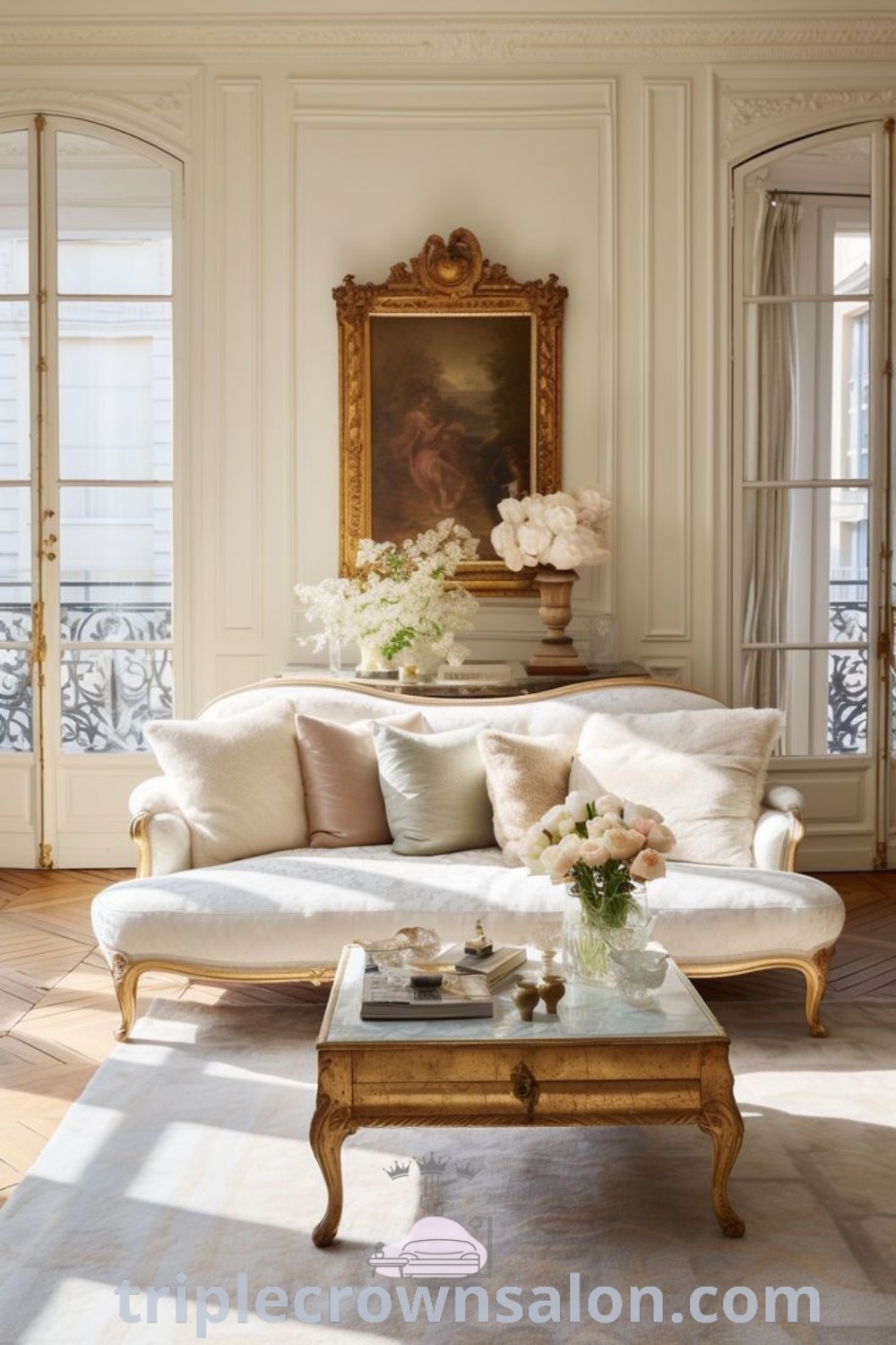 A cozy French living room featuring stylish furniture, a coffee table adorned with flowers, and a beautiful painting, reflecting the Parisian living room decor aesthetic. Discover unique ideas for your home and design tips at triplecrownsalon.com.