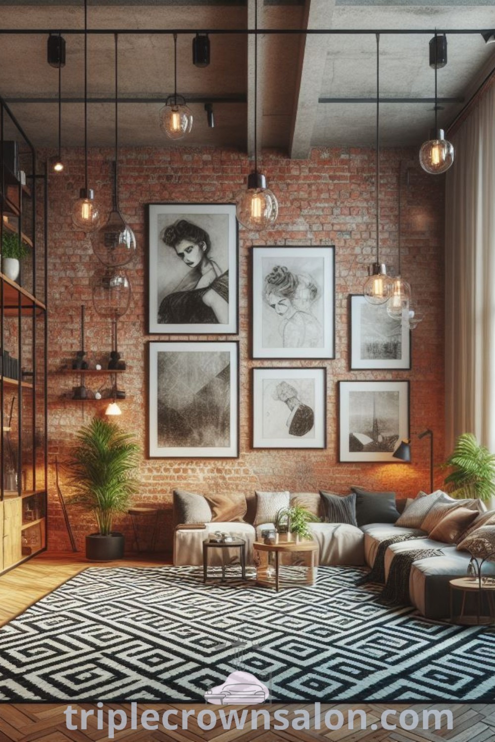 An inviting industrial living room showcasing an exposed brick feature wall, decorated with cozy furniture and charming decor ideas. This space embodies unique inspirations for small areas and highlights design trends perfect for any house or apartment. Discover more inspiring ideas at triplecrownsalon.com.