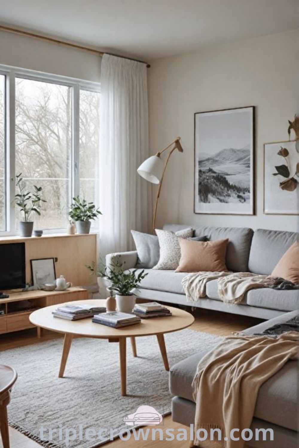 A cozy Scandinavian open plan living room showcasing gray and oak furnishings, embodying modern minimalist design trends. This inviting space highlights hygge inspirations and unique ideas for your home, perfect for creating a soothing environment. Discover more decor ideas at triplecrownsalon.com.