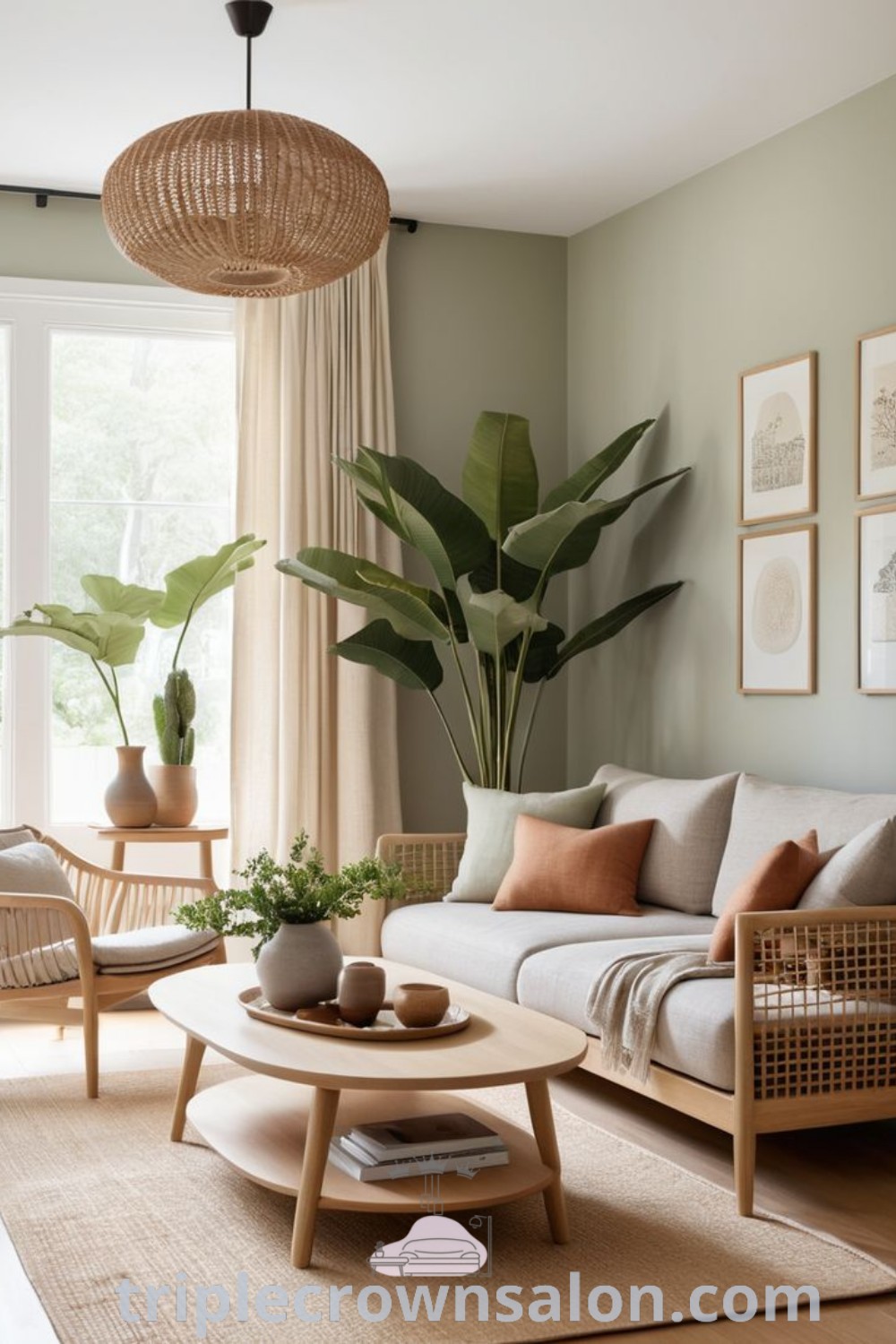 A Japandi living room filled with minimal furniture and lush potted plants, showcasing a cozy home aesthetic that blends Scandinavian and Japanese design. This decor offers inspiring ideas for small apartments and unique inspirations at triplecrownsalon.com.