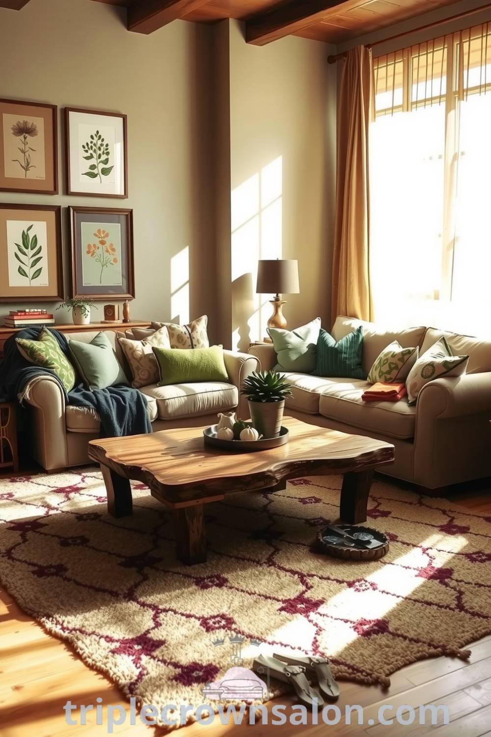 Boho living room featuring earthy tones, deep green accents, a patterned rug, and a reclaimed wood coffee table, adorned with botanical prints and layered textiles, creating a cozy and inviting atmosphere ideal for relaxation, as showcased at fireplacesandwoodstoves.com.