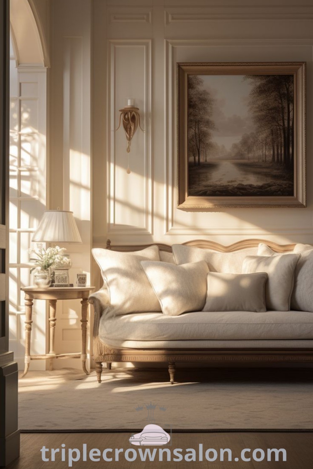 A beautifully designed French Chateau living room featuring elegant furniture, black wainscoting, and a striking painting on the wall. This decor showcases modern French aesthetic while providing cozy ideas that elevate any home. Discover inspiring designs and decor ideas for your apartment at triplecrownsalon.com.