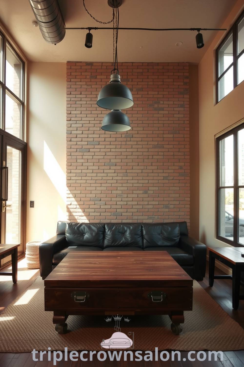 Cozy industrial living room featuring warm beige walls, exposed brick, a salvaged wooden coffee table, and a deep-set leather sofa, illuminated by metal light fixtures, showcasing cozy ideas for home decor inspirations at triplecrownsalon.com.