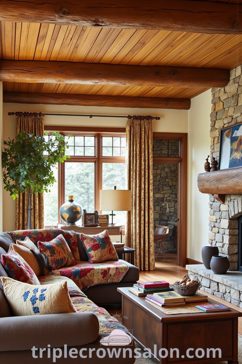 Cozy rustic living room featuring a planked wooden ceiling, sturdy beams, an overstuffed couch with quilts, a stone fireplace, and a weathered coffee table with novels, offering unique ideas for your home at fireplacesandwoodstoves.com.