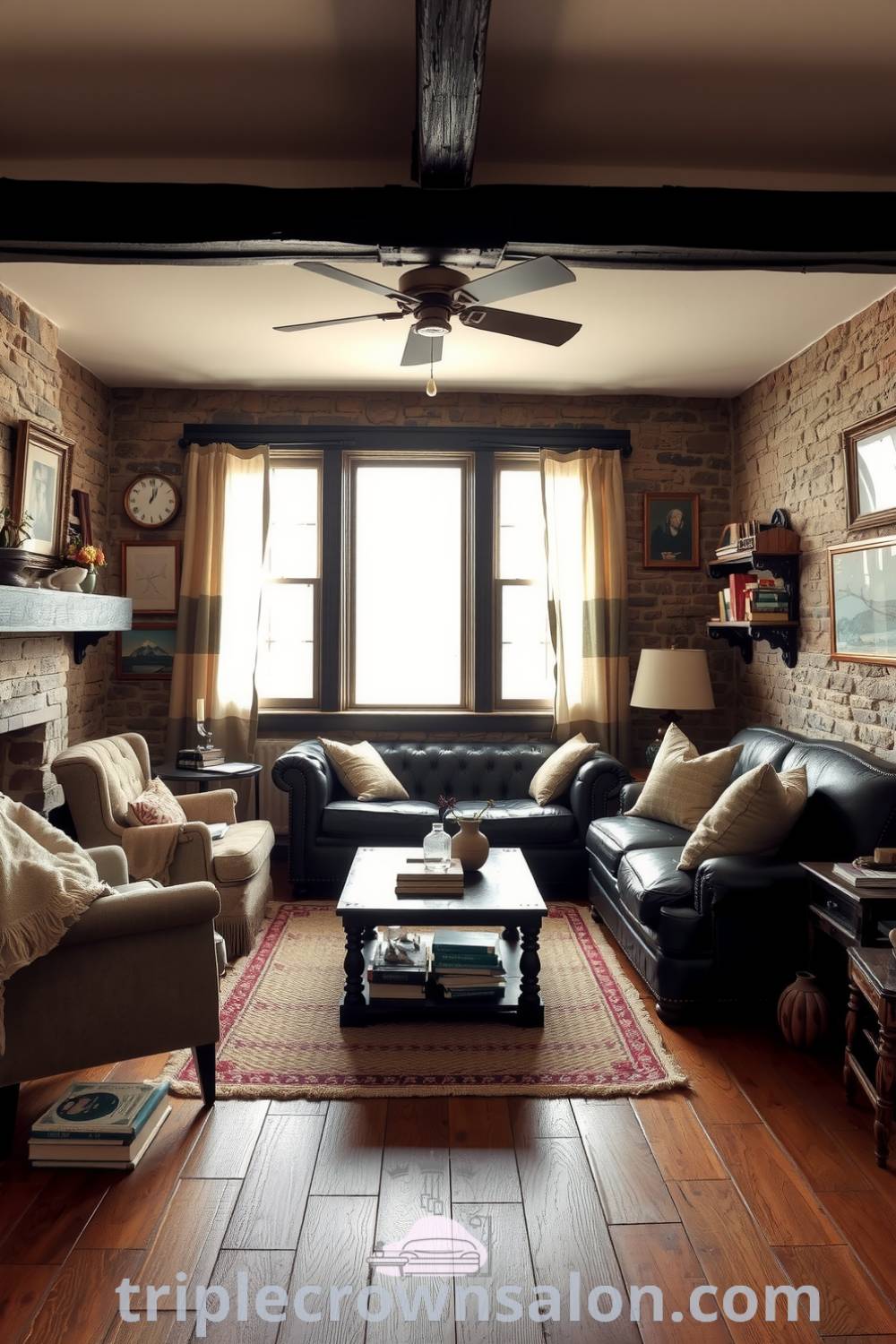 Cozy rustic living room featuring black wood accents, weathered stone walls, an overstuffed leather sofa, and mismatched armchairs, creating a warm and inviting atmosphere perfect for family gatherings, with decor ideas that inspire a personal touch. Visit fireplacesandwoodstoves.com for more cozy home inspirations.
