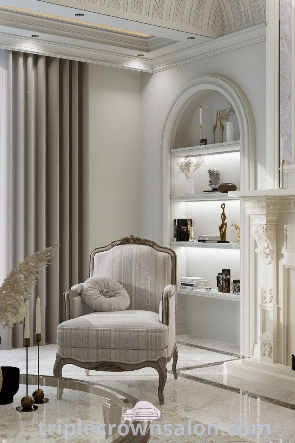 A neo-classical living room designed by Alireza Sheikhnasiri featuring elegant furniture, exquisite wall molding, and a cozy atmosphere. This decor inspiration blends Baroque and classic styles, offering unique ideas for a cozy home. Find more design ideas at wellnesswink.com.