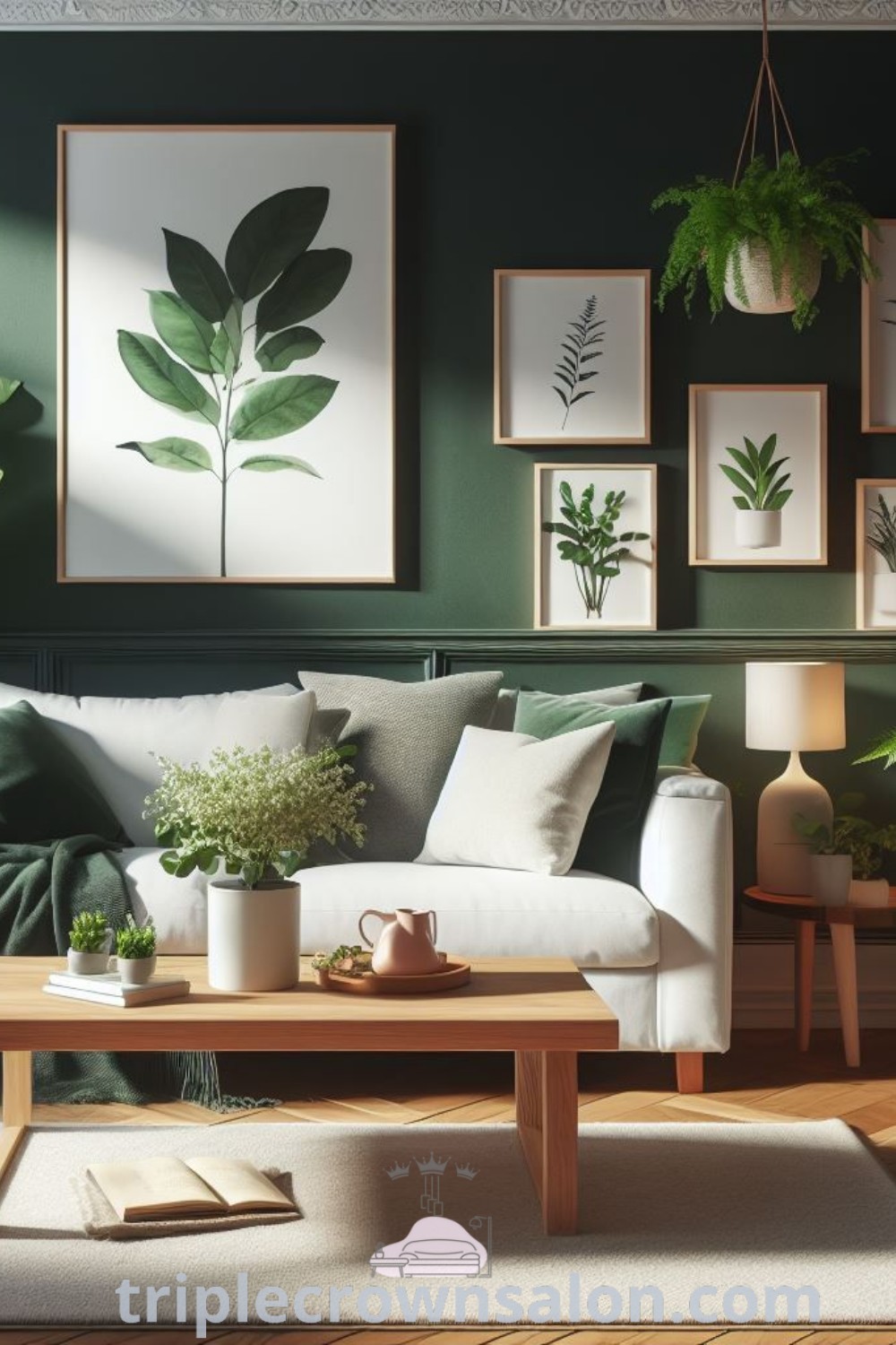 A serene living room adorned with lush indoor plants, including water plants and Monstera leaves, complementing a cozy aesthetic and natural decor. This nature-inspired space offers unique ideas and decor inspirations for your home. Discover more at triplecrownsalon.com.
