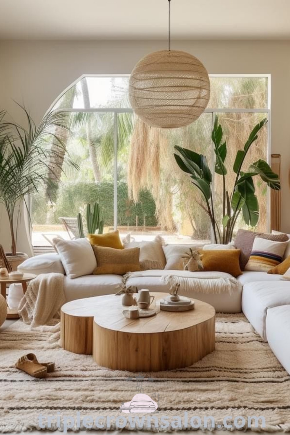 A Bali-themed living room featuring various furniture arrangements, abundant potted plants, and large windows, embodying cozy decor ideas. This inviting space showcases modern boho and Scandinavian inspirations, offering unique ideas for your home. Find more design tips and inspirations at triplecrownsalon.com.