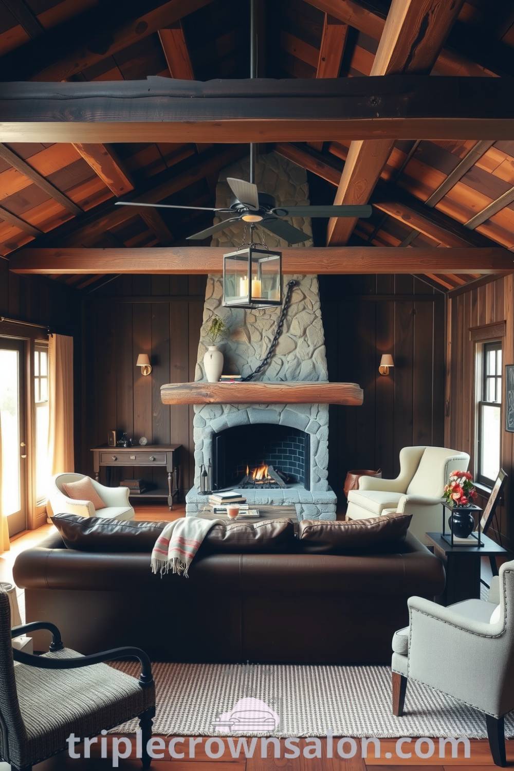 Cozy rustic living room with dark wood paneling, a worn leather sofa, exposed beams, and a stone fireplace, showcasing decor ideas that inspire warmth and character for your home, featured on fireplacesandwoodstoves.com.