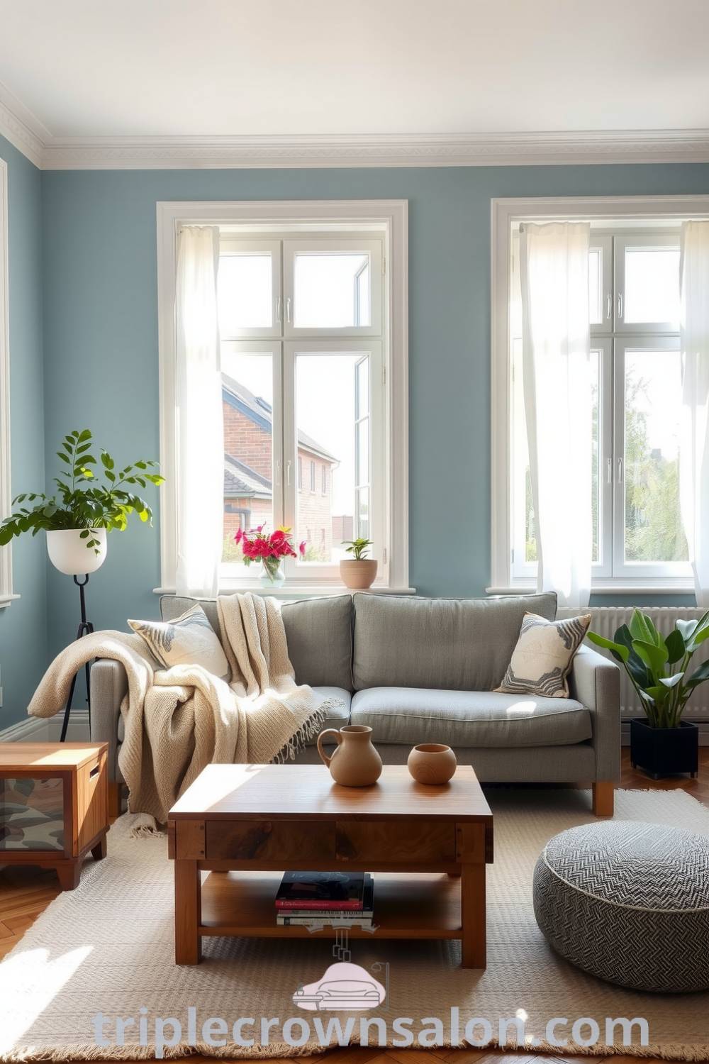 Scandinavian living room with soothing blue tones, white walls, a cozy sofa with woven throws, a natural wood coffee table, large windows with light-filtering curtains, a woolen rug, and potted plants; showcasing cozy ideas and decor inspirations at triplecrownsalon.com.
