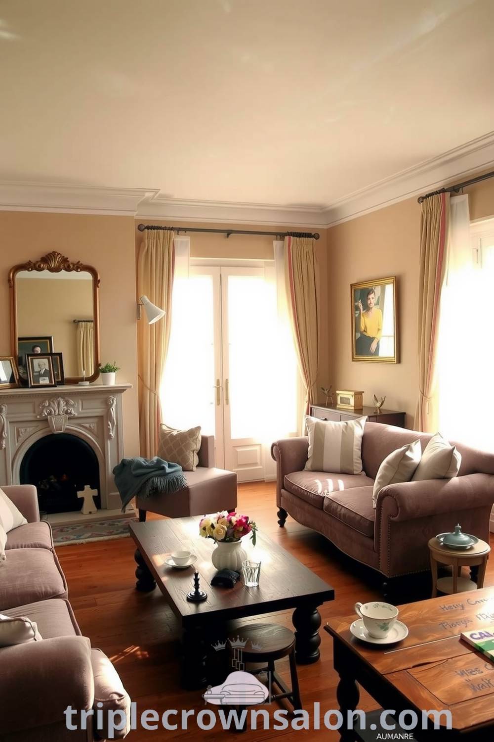 Cozy French living room with soft golden light, plush pastel couches, rustic coffee table, and ornate fireplace decorated with family photos and vintage trinkets, offering cozy ideas and design inspirations for creating an inviting home atmosphere. Visit triplecrownsalon.com.