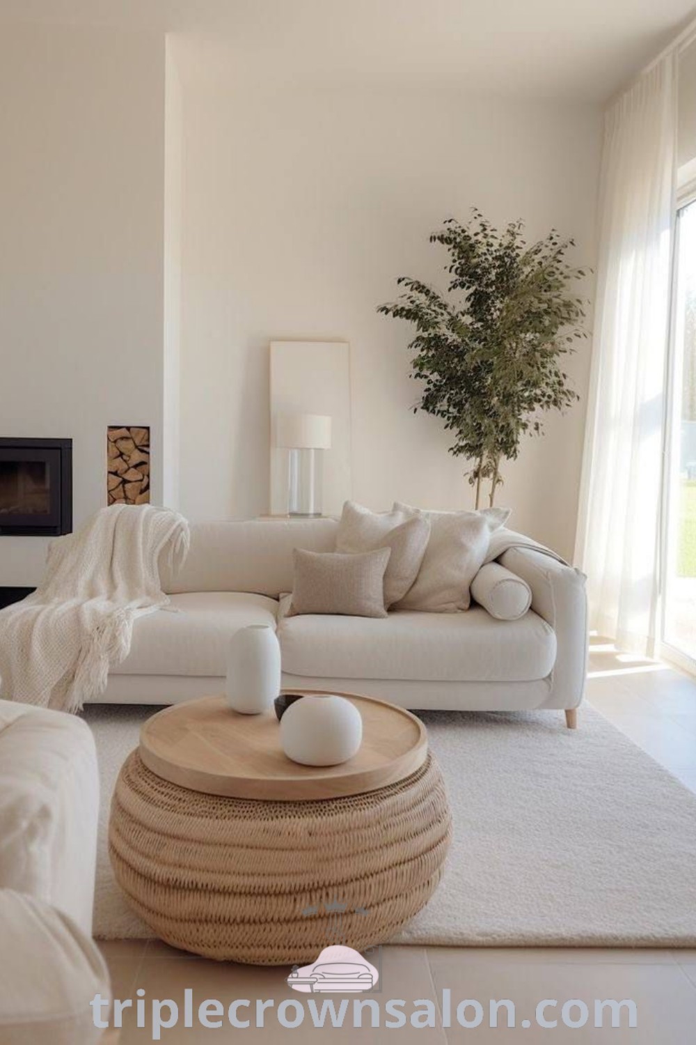A minimalist living room filled with neutral decor, featuring cozy elements like shelf baskets and round storage. This inviting space exemplifies design ideas that harmonize functionality and aesthetics, offering unique inspirations for your home at triplecrownsalon.com.