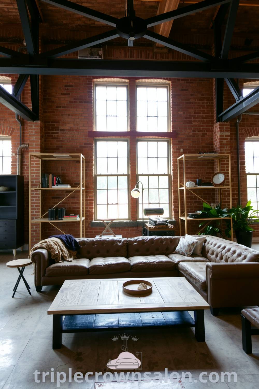 Industrial living room featuring exposed brick walls, metal beams, a brown leather sofa, a reclaimed wood coffee table, and vintage decorations on steel shelves, creating a cozy aesthetic and design ideas for a comfortable urban home. Visit triplecrownsalon.com for more inspiring decor ideas.