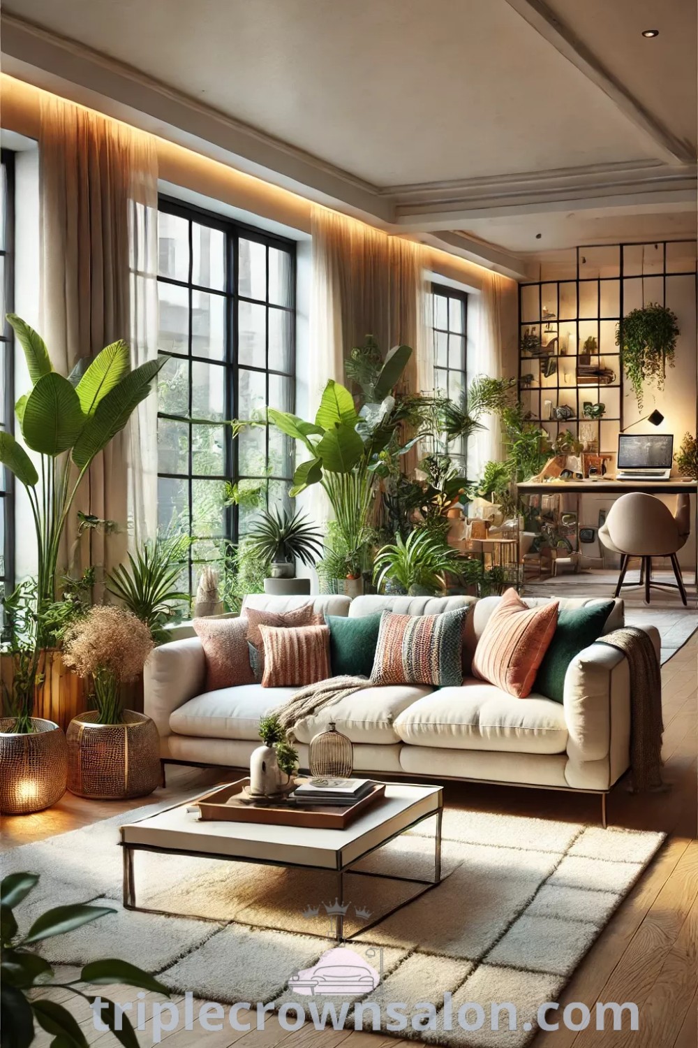 A beautifully decorated modern living room featuring a plush beige sofa, colorful cushions, lush green indoor plants, and a stylish workspace, showcasing cozy modern home design ideas. Discover inspiring decor ideas for your home at triplecrownsalon.com.