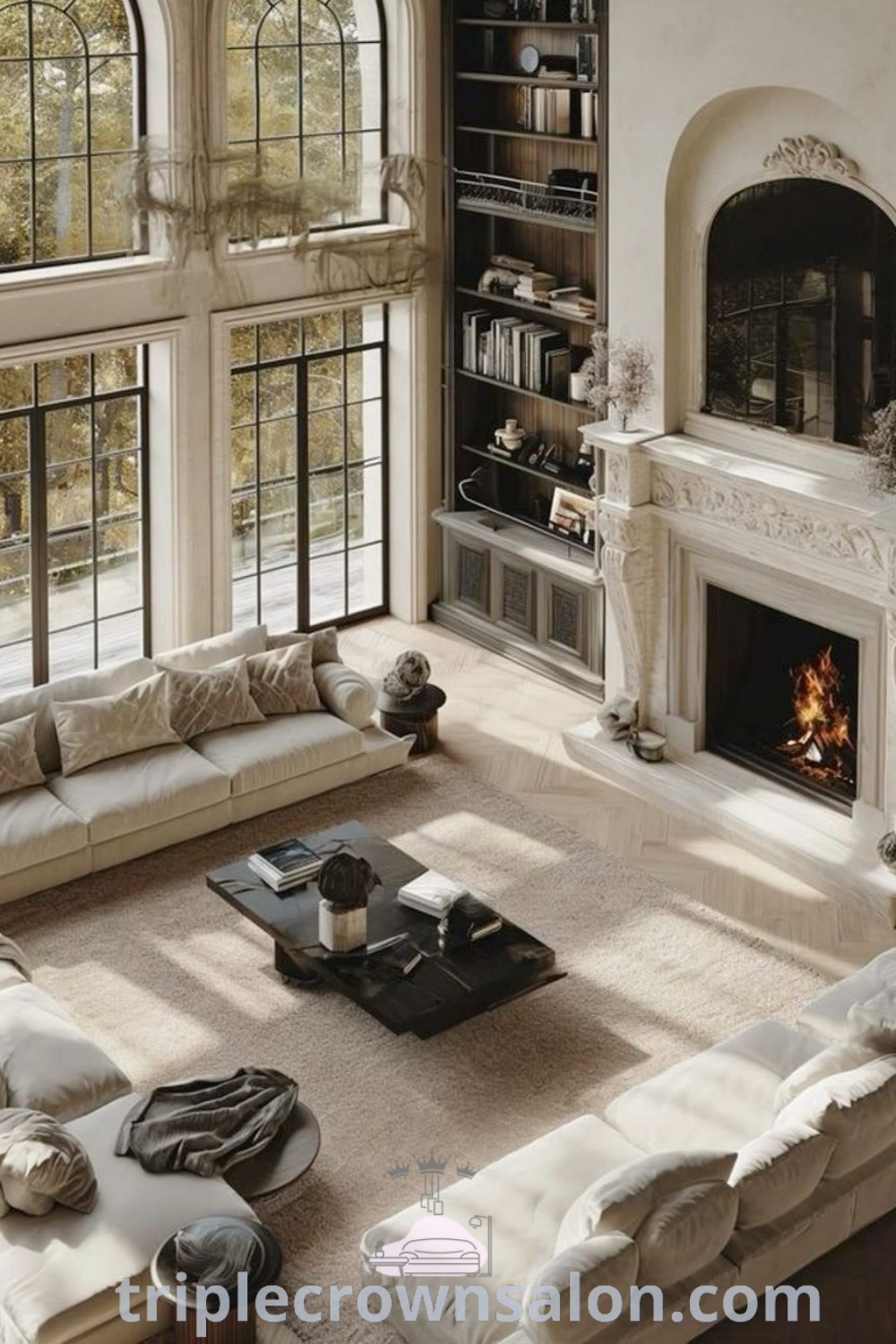A cozy mansion living room featuring a fireplace surrounded by elegant furniture, creating an inviting and stylish atmosphere. This decor inspires unique ideas for your home, emphasizing a cozy aesthetic and practicality. Explore decor inspirations at triplecrownsalon.com.