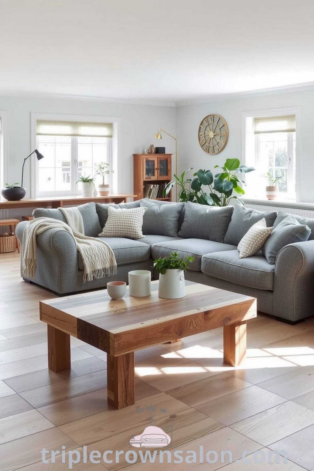 Scandinavian living room in soft grey tones featuring a light wood floor, oversized sofa with plush knits, rustic reclaimed wood coffee table, potted plants, and warm throws, providing cozy decor ideas and inspiration for creating a serene home environment, showcased by triplecrownsalon.com.