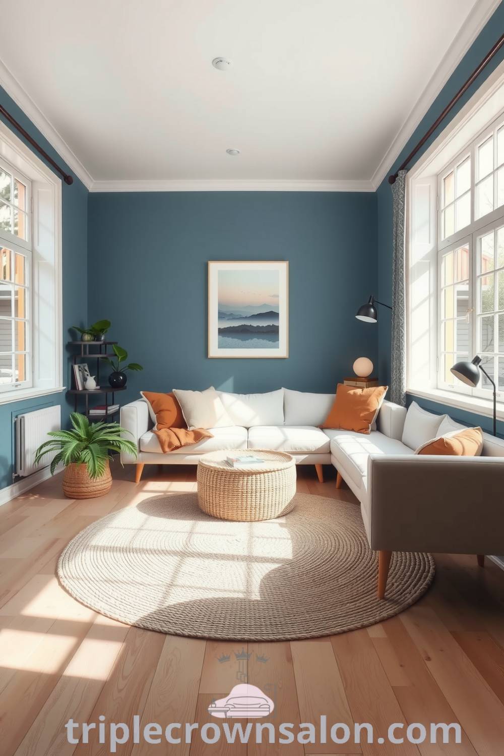 Scandinavian living room featuring soft blue accents, light oak flooring, a plush cream sofa, minimalist art, a woven area rug, and a live potted plant, creating a warm and inviting atmosphere perfect for cozy gatherings or quiet reading afternoons. Visit triplecrownsalon.com for more cozy home design ideas.