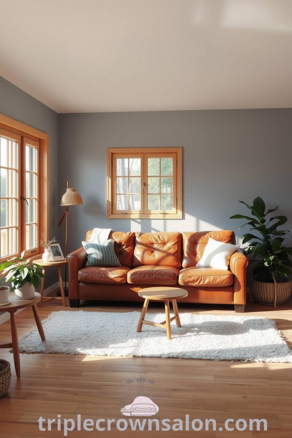 Cozy Scandinavian living room featuring soft grey walls, natural wood furnishings, a well-worn leather couch, a plush area rug, large windows, and potted plants, showcasing decor ideas that inspire comfort and style. Visit triplecrownsalon.com for more inspiring design ideas.