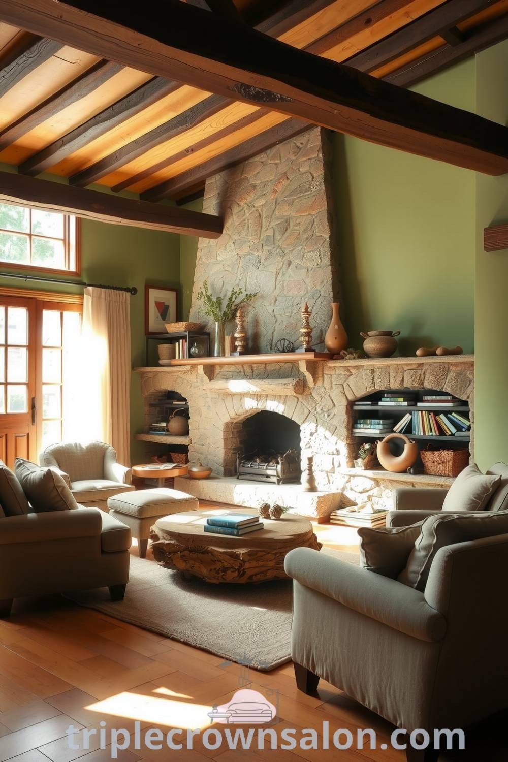 Cozy rustic living room with wooden beams, a stone fireplace, mismatched armchairs, and a reclaimed wood coffee table filled with books, offering design ideas and inspirations for a cozy home, from fireplacesandwoodstoves.com.