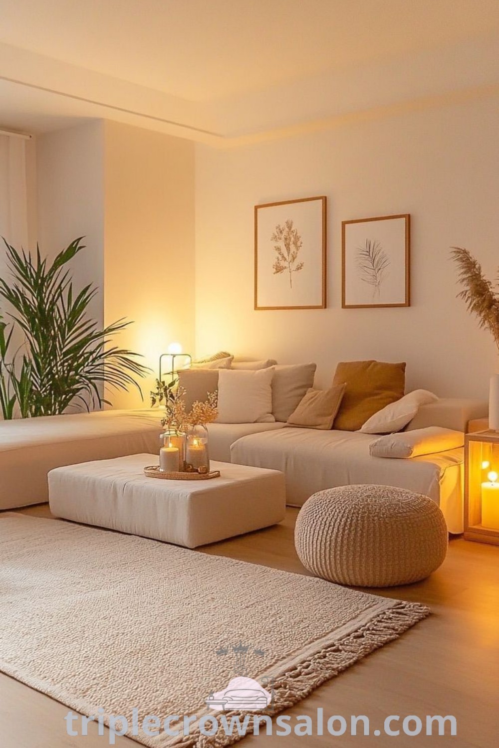 A cozy minimalist living room featuring clean design, neutral colors, cozy couches, and a fireplace, offering inspiring decor ideas for small spaces. Discover unique ideas for your home that blend comfort and elegance at triplecrownsalon.com.