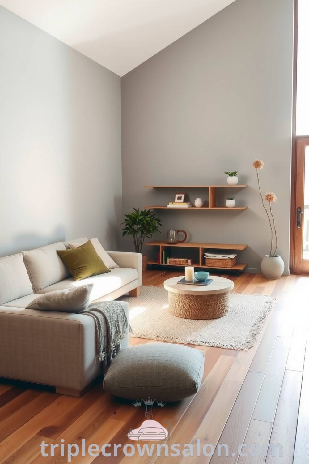 Japandi living room with soft grey walls, cozy textured furnishings, natural fabrics, woven jute rug, minimalist shelves, large window inviting natural light, and indoor plants, encouraging a serene and inviting atmosphere. Visit triplecrownsalon.com for decor ideas and inspirations.