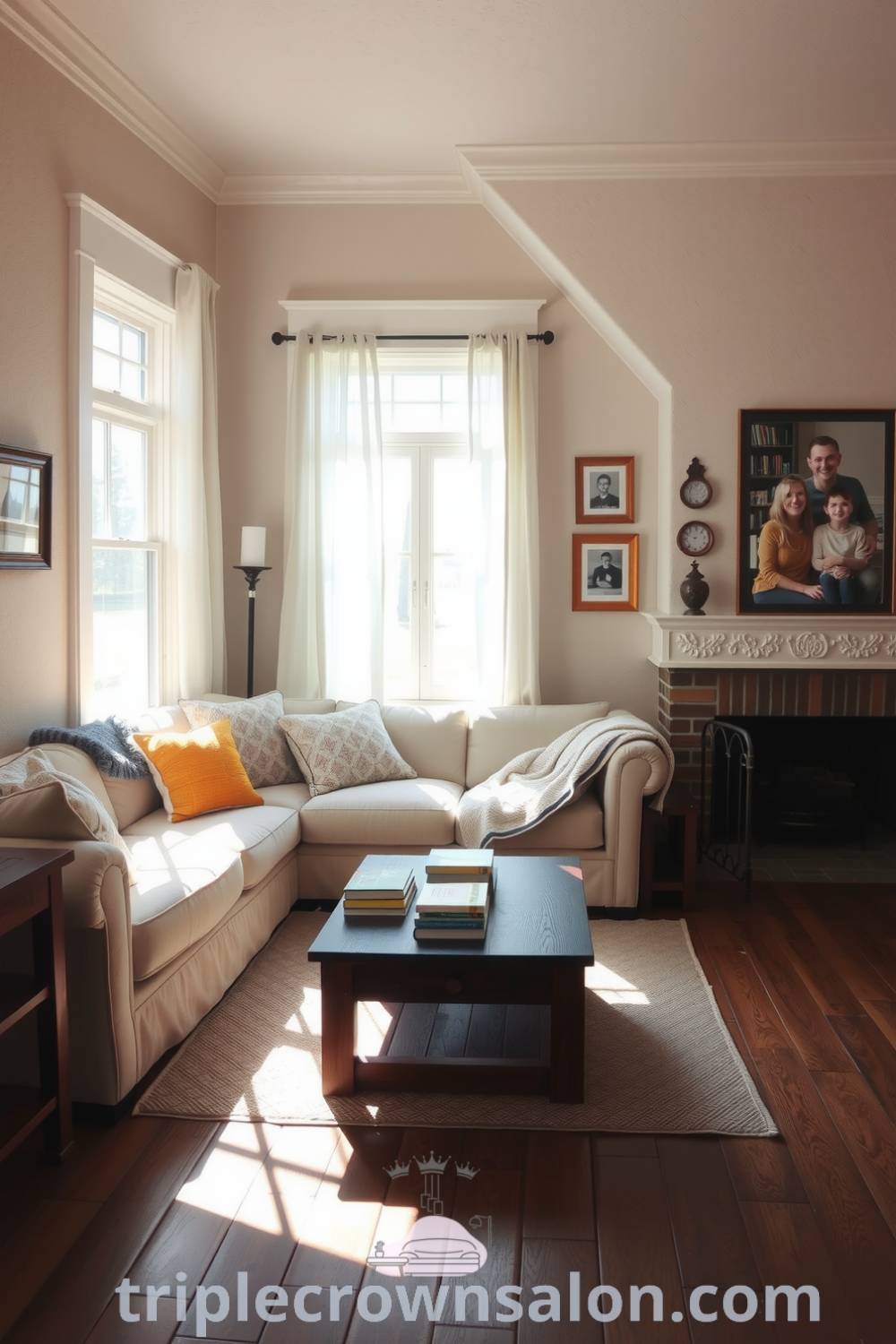 Warm farmhouse living room with a cozy overstuffed sofa, rustic coffee table, textured walls, and sunlight filtering through gauzy curtains, creating a welcoming atmosphere with family photos for a cozy aesthetic. Visit triplecrownsalon.com for unique ideas and decor inspirations.