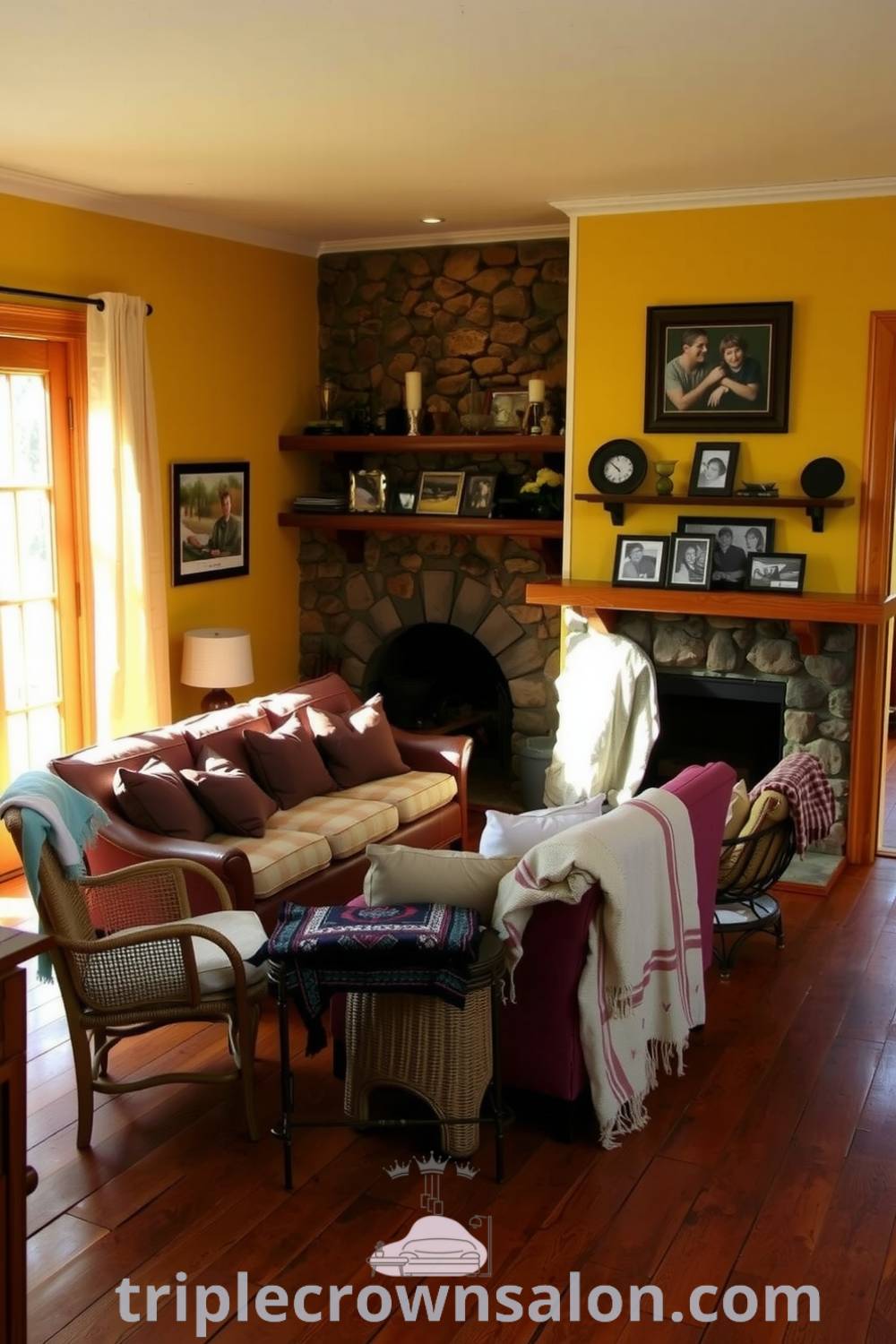 Cozy farmhouse living room featuring a vintage sofa, rustic wicker chairs, a stone fireplace, and family photos, creating a warm and inviting atmosphere filled with comfort and charm. Discover cozy ideas and decor inspirations for your home at triplecrownsalon.com.