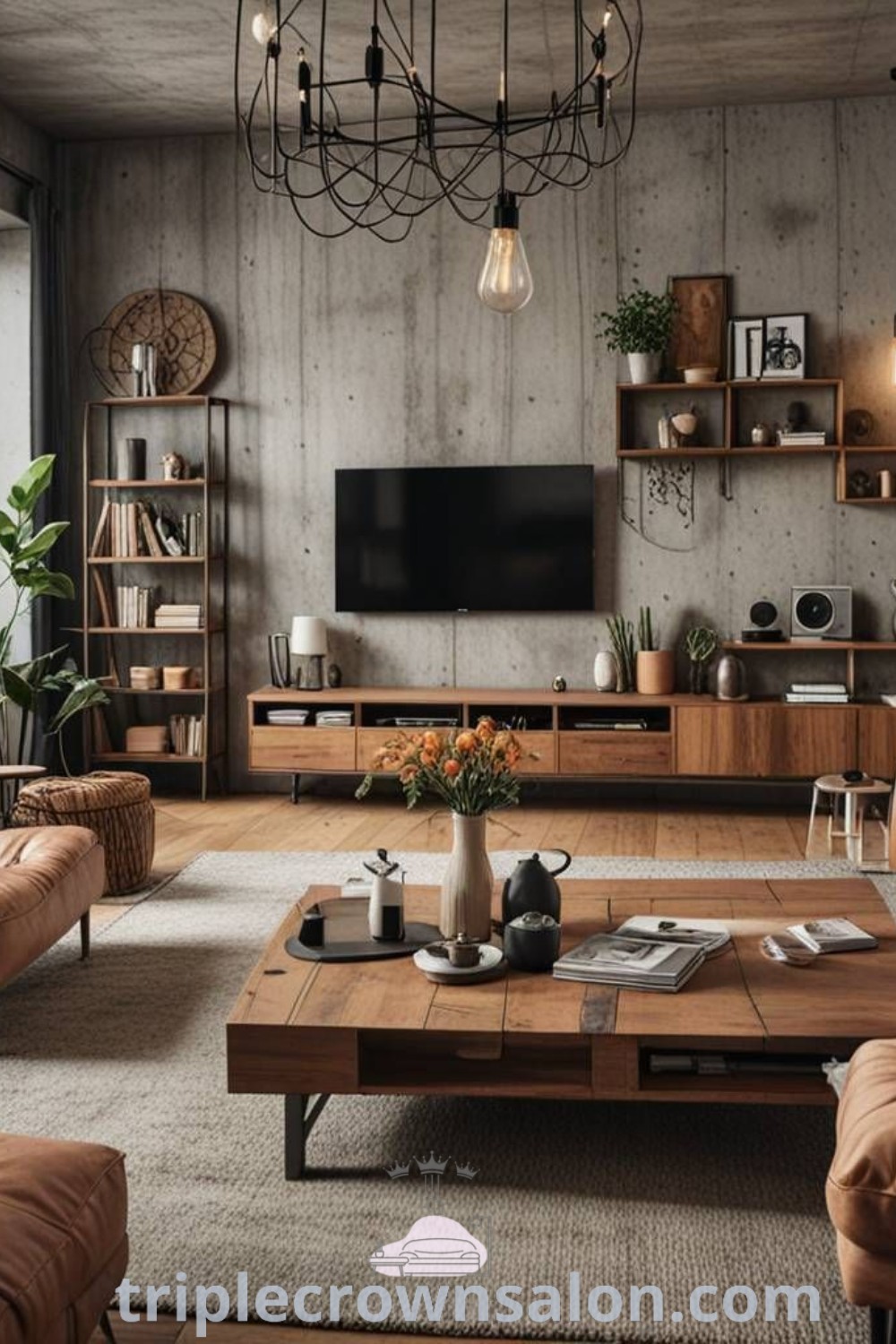 A cozy industrial living room featuring a flat-screen TV above a wooden coffee table, highlighting minimalist decor and boho elements for a warm atmosphere. Discover more unique ideas and decor inspirations for your home at triplecrownsalon.com.