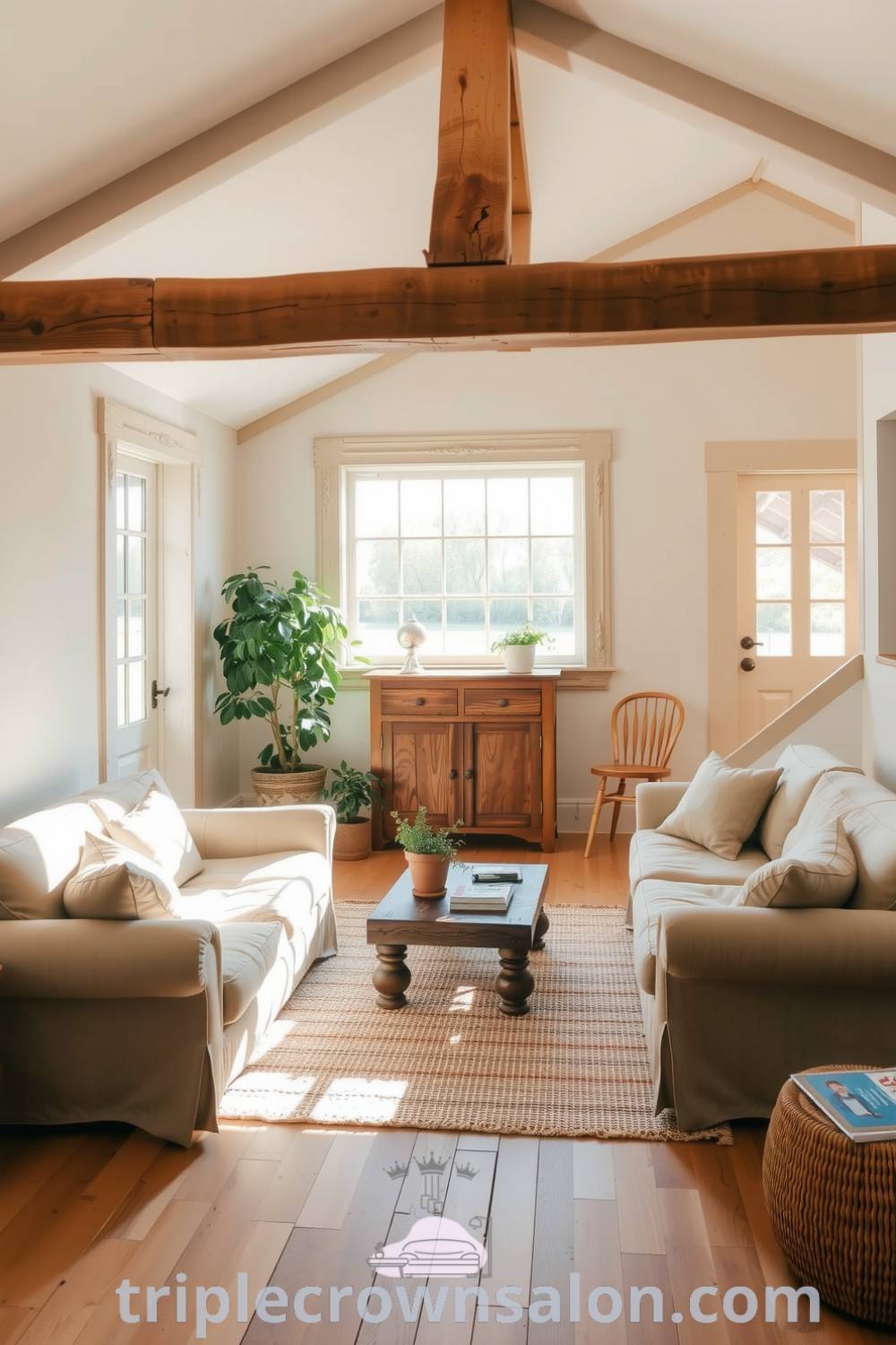 Cozy farmhouse living room with beige tones, overstuffed sofa, hand-crafted coffee table, wooden beams, large windows, and potted plants, creating a warm and inviting atmosphere perfect for relaxation. Decor ideas for small spaces at triplecrownsalon.com.