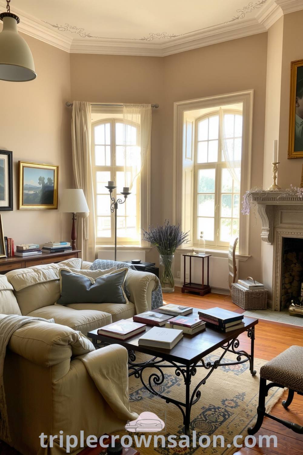 French living room with soft beige walls, an overstuffed linen sofa, wrought-iron coffee table with books, tall windows with lace curtains, and a cozy fireplace, offering inspiring decor ideas for a warm and inviting space on triplecrownsalon.com.