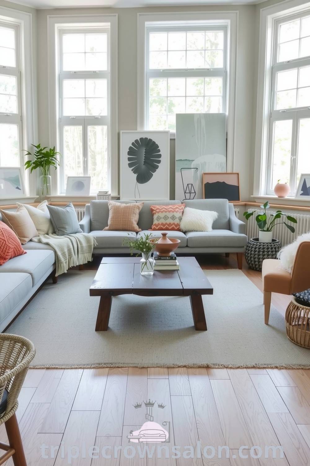 Cozy Scandinavian living room featuring soft green accents, light wooden floors, cozy seating with textured cushions, a handcrafted reclaimed wood coffee table, and large windows, offering decor ideas for a warm and inviting home environment, visit triplecrownsalon.com.