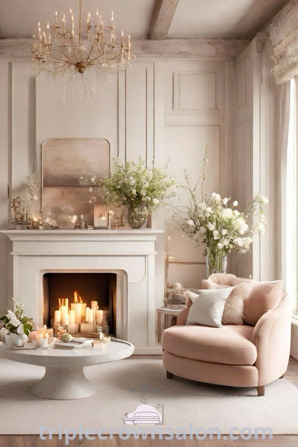 An elegant living room filled with stylish furniture, a cozy fireplace, and light decor accents featuring flowers, offering unique ideas for your home. Discover these inspiring living room decor ideas at triplecrownsalon.com.