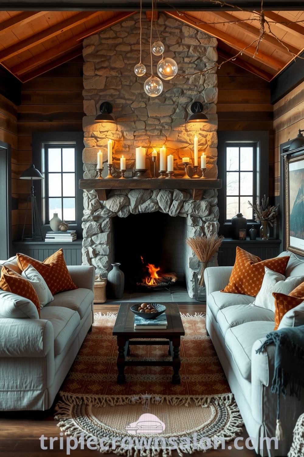 Rustic living room with a large stone fireplace, plush sofas, and a handwoven rug, featuring warm black accents and flickering candles, delivering cozy ideas and decor inspirations for your home at fireplacesandwoodstoves.com.