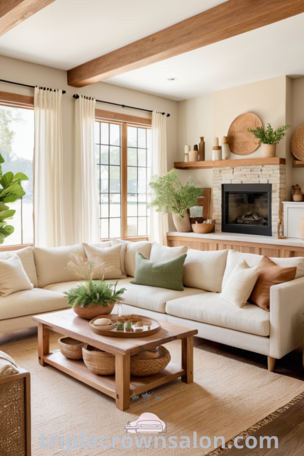A cozy Shaker style living room filled with inviting furniture and a warm fireplace, showcasing earthy tones and decor ideas that inspire a cozy home aesthetic. Explore unique designs and inspirations for your home at triplecrownsalon.com.