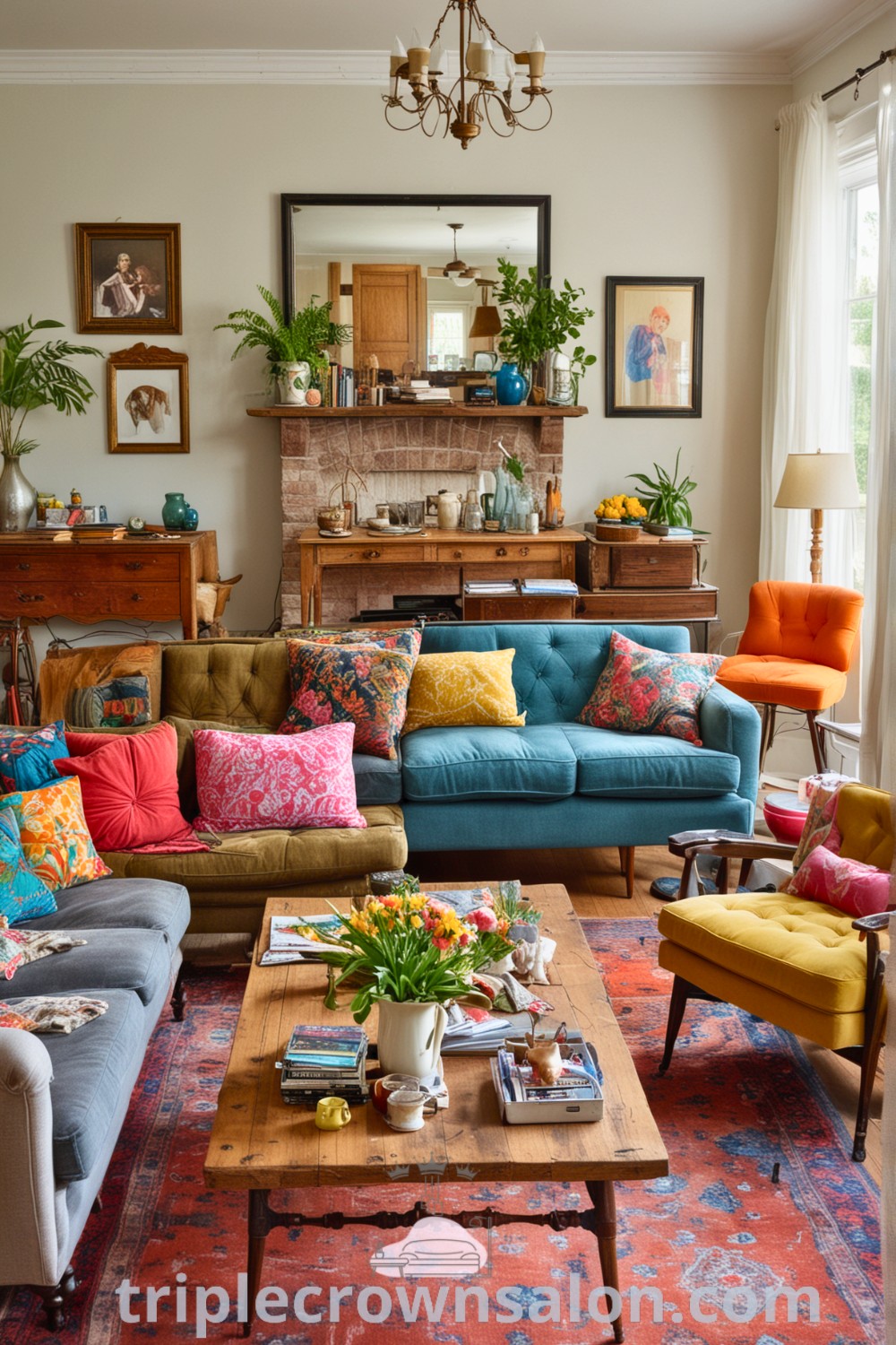 A colorful eclectic cottage living room filled with vintage furniture and decor, showcasing modern colorful cottage interior design ideas. This cozy and inviting space is perfect for those seeking unique inspirations for their home decor. Find more design ideas at wellnesswink.com.