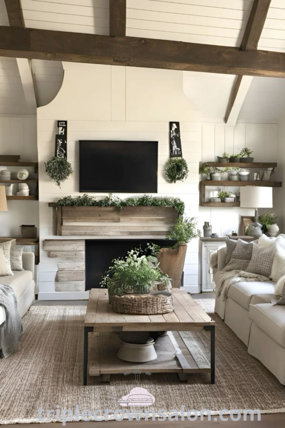 A cozy lake house living room featuring elegant furniture and a flat screen TV above a fireplace, blending modern farmhouse style with traditional decor. This inviting space offers unique ideas for a cozy home and design inspirations for your living area. Explore more decorating ideas at triplecrownsalon.com.
