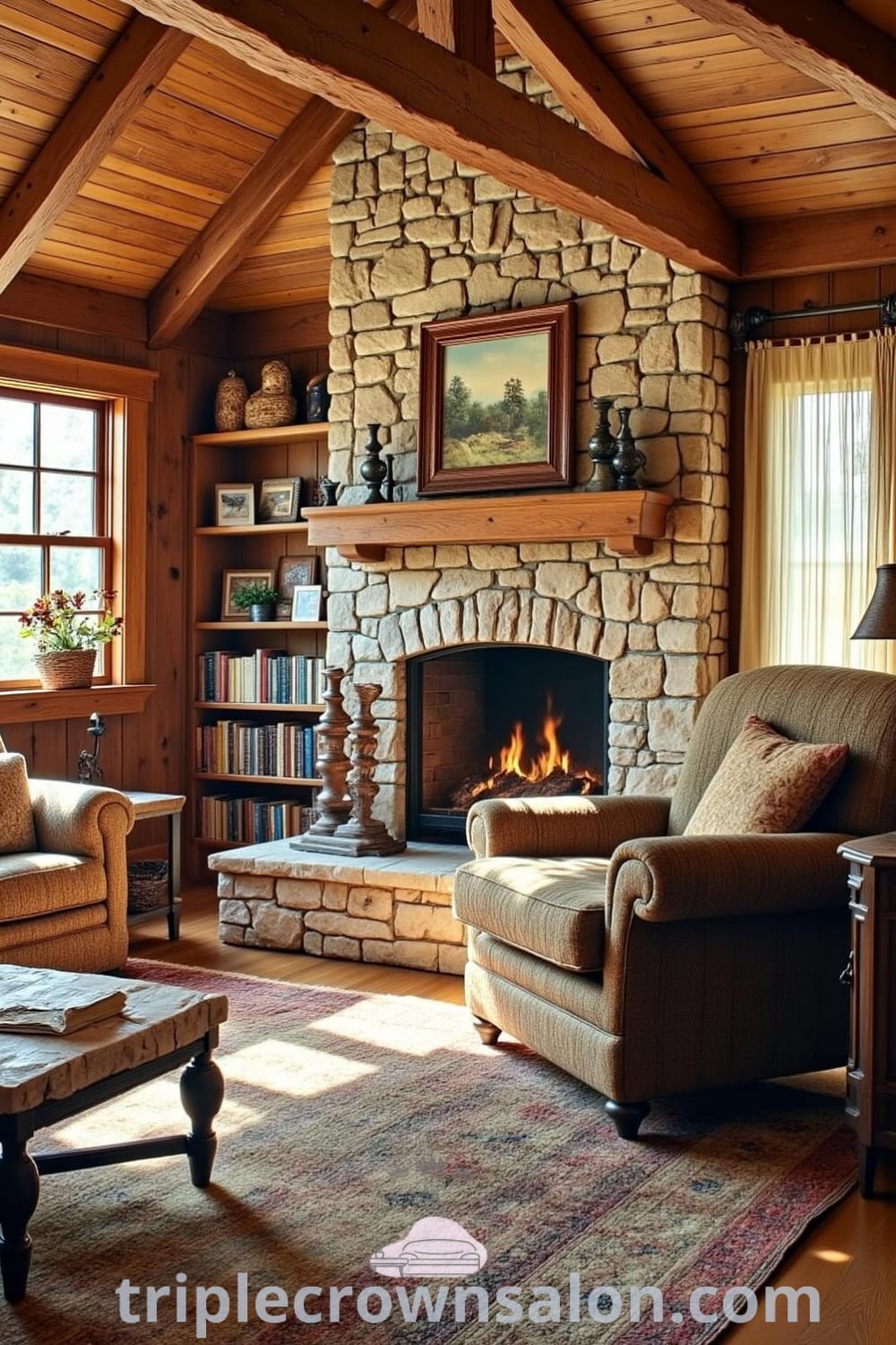 Rustic living room with rough-hewn wooden beams, a stone fireplace, overstuffed armchair, mismatched rugs, and shelves filled with books and knick-knacks, creating cozy ideas and unique inspirations for your home, as featured on fireplacesandwoodstoves.com.
