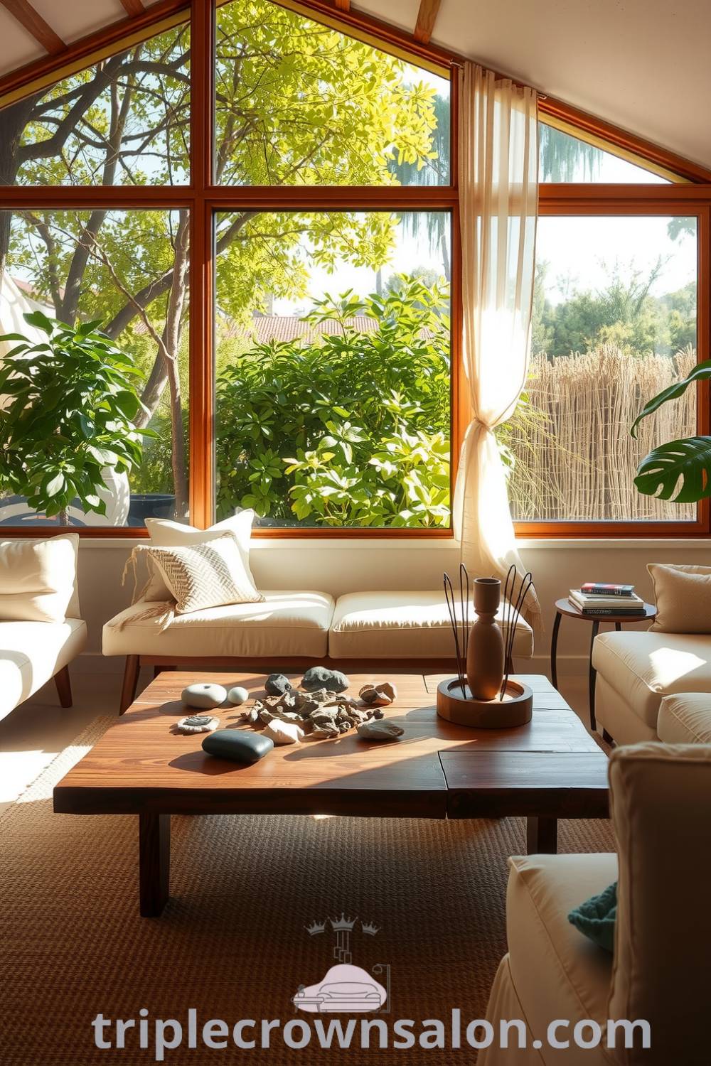 Nature-inspired living room with soft earth tones, rustic wooden coffee table with smooth stones, oversized windows framing lush greenery, plush cushions, and a woven area rug, creating a serene and cozy atmosphere for relaxation and inspiration on triplecrownsalon.com.
