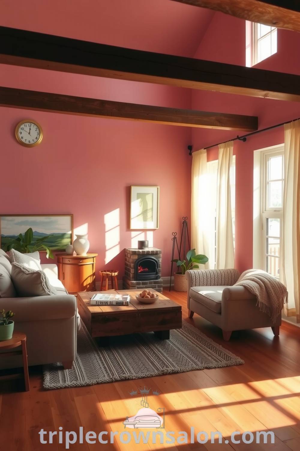 Warm pink rustic living room featuring soft pink walls, natural wood floors, cozy sofa with throws, reclaimed wood coffee table, and a charming stone fireplace, perfect for cozy home inspirations, design ideas, and decor inspirations at fireplacesandwoodstoves.com.