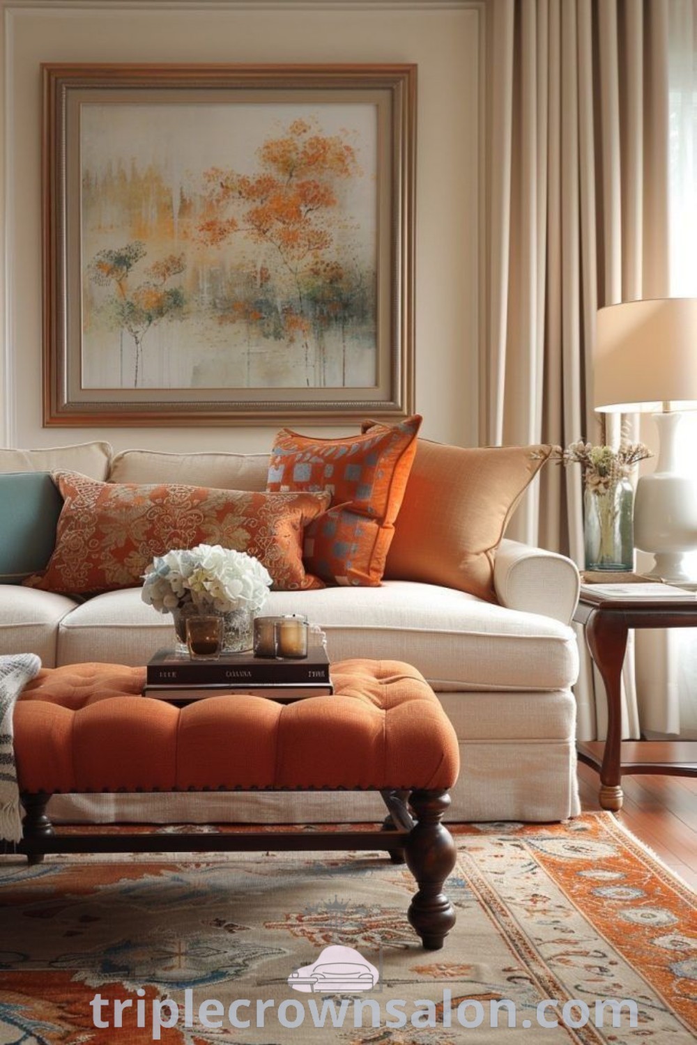 A charming tiny living room filled with stylish furniture and a vibrant painting above the headboard, embodying cozy aesthetic design ideas for small spaces. Discover inspiring living room decor ideas at triplecrownsalon.com.