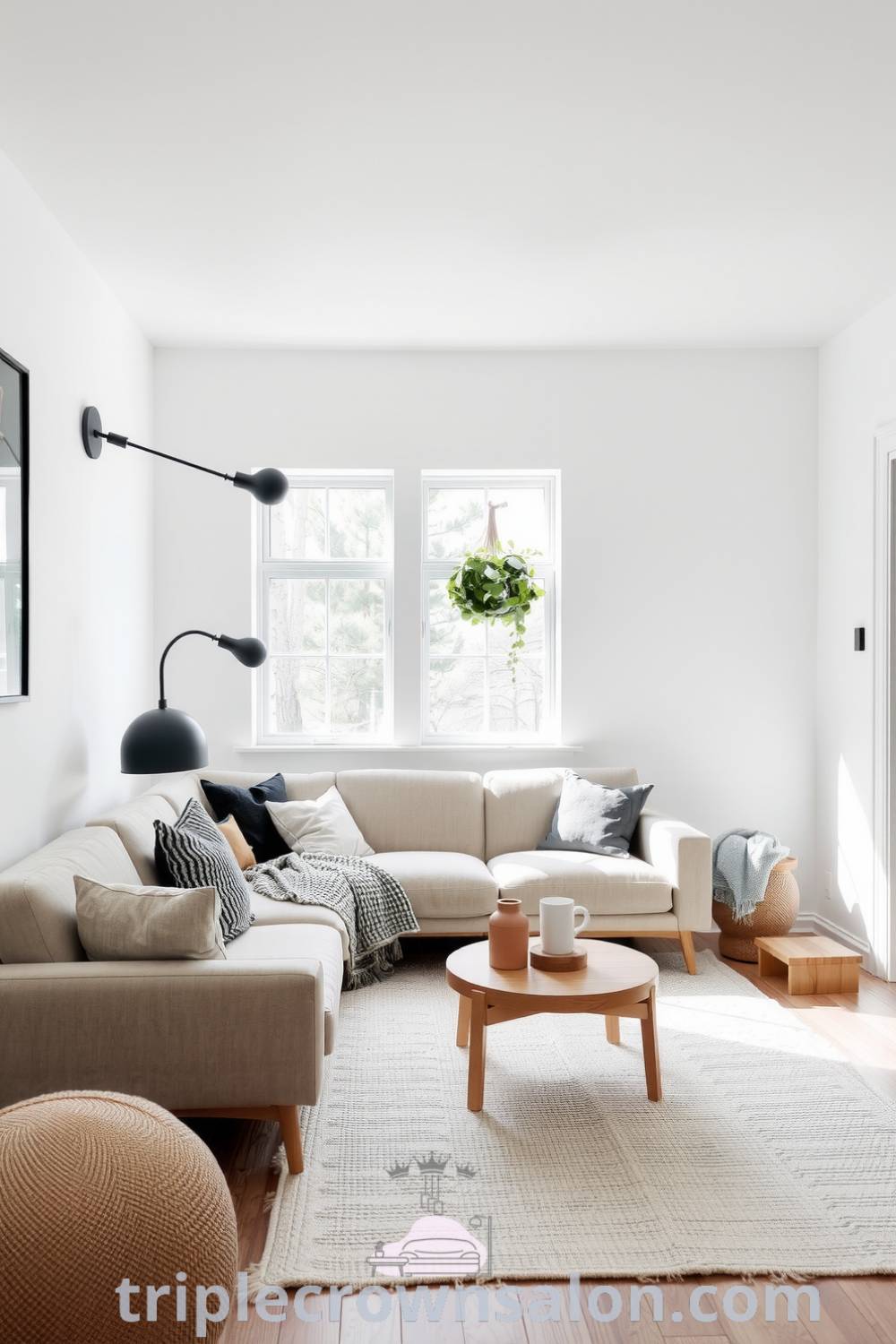 Cozy Scandinavian living room featuring soft white walls, a neutral-hued sofa with a knitted throw, natural wood accents, and a large window, creating a serene and inviting atmosphere for relaxation. Discover more cozy ideas for your home at triplecrownsalon.com.