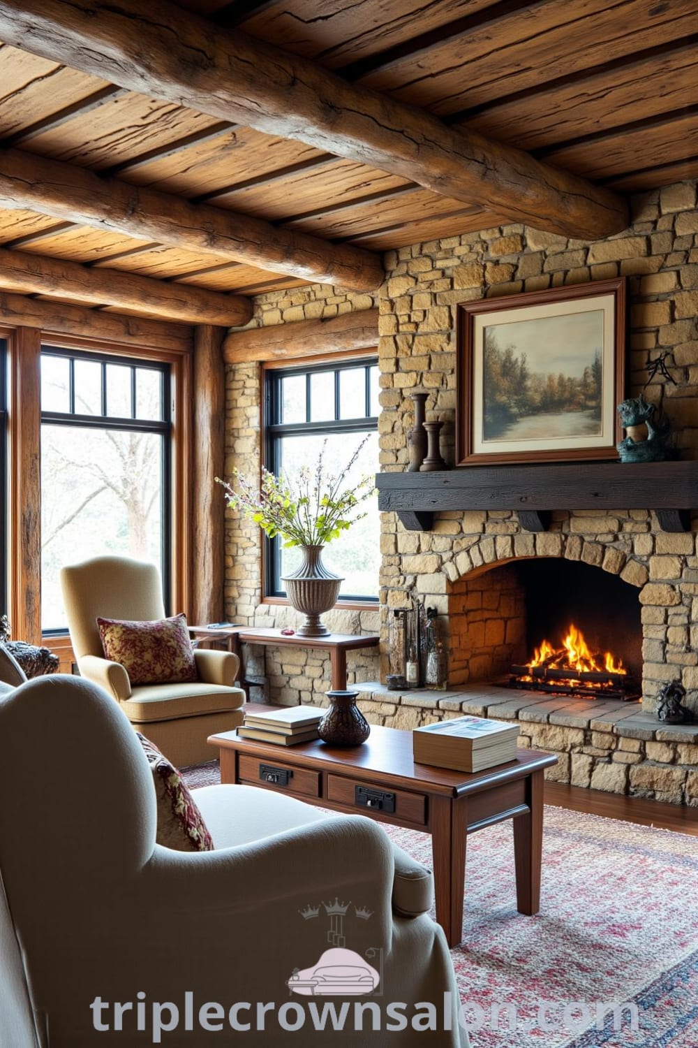 Cozy rustic living room with wooden beams, plush armchair, reclaimed coffee table, and a crackling stone fireplace, creating an inviting atmosphere filled with warm textures and decor inspirations for your home; see more at fireplacesandwoodstoves.com.