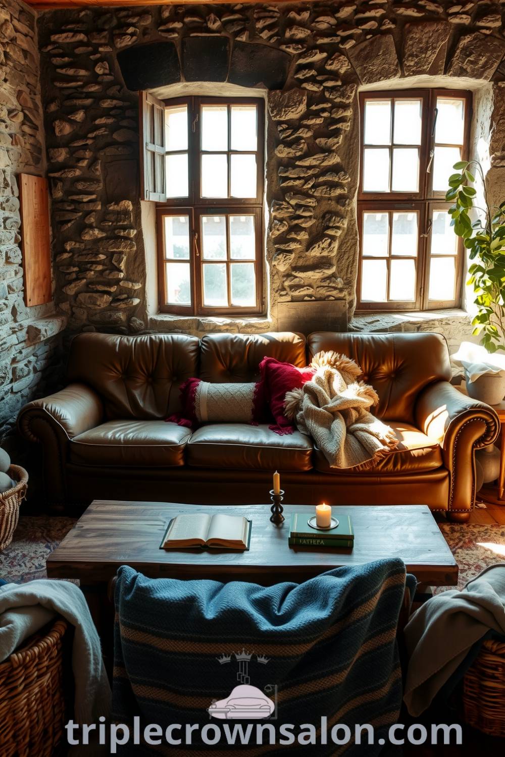 Cozy living room featuring grey stone walls, a leather sofa, wooden coffee table with books and candle, woven baskets with blankets, and sunlight from paned windows, creating a warm and inviting atmosphere; visit triplecrownsalon.com for more cozy design ideas.
